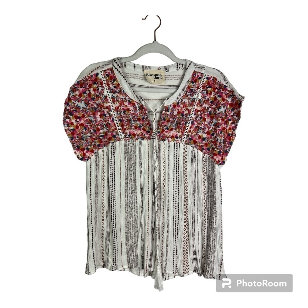 Savanna Jane Top Floral Pink & Red Embroidered Ivory Sz S
